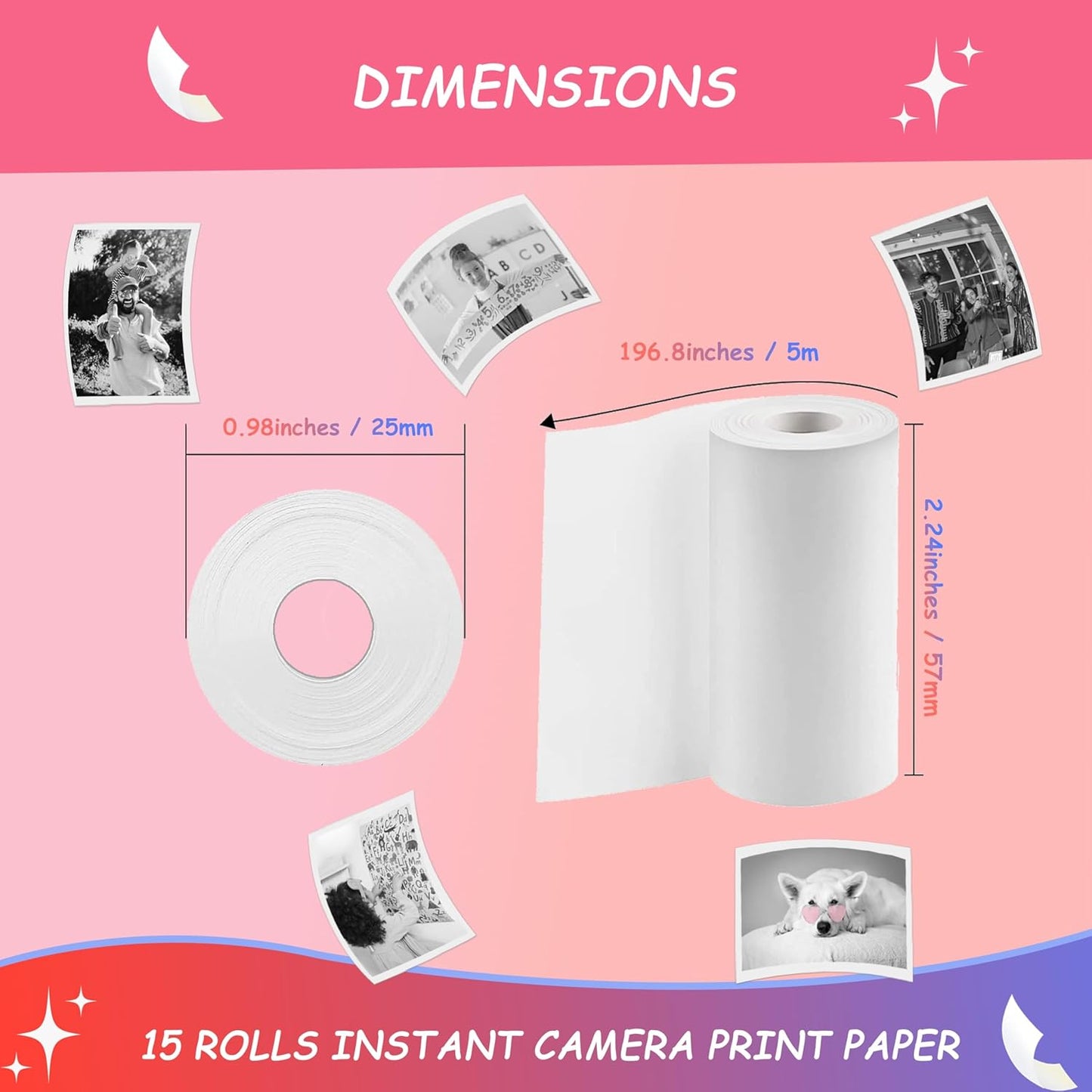 15 Rolls Instant Camera Refill Print Paper, HD Kidizoom Print Camera Paper Refill for Most Kids Instant Camera (57X25Mm)